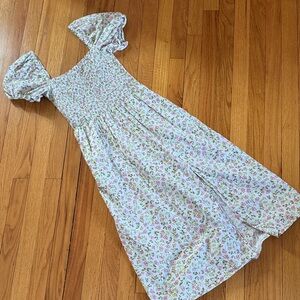 J.Crew Floral Puff Sleeve Smocked Midi Dress - Light Blue with Pink & Green